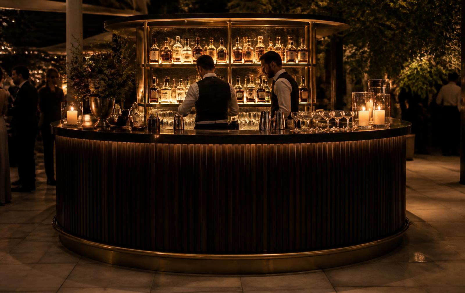 Elegant mobile bar setup with backlit bottles at an evening event
