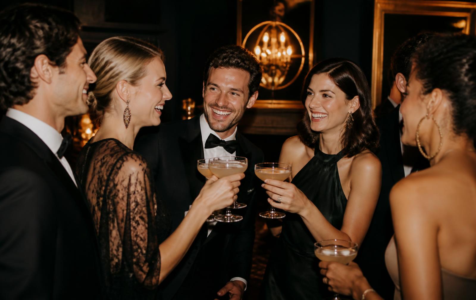 Guests in evening wear toasting cocktails at a private party
